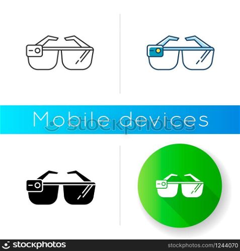 Smart glasses icon. Smartglasses. Wearable optical gadget. Augmented reality technology. Monitoring. Mobile device. Digital tool. Linear black and RGB color styles. Isolated vector illustrations