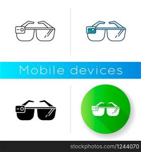 Smart glasses icon. Smartglasses. Wearable optical gadget. Augmented reality technology. Monitoring. Mobile device. Digital tool. Linear black and RGB color styles. Isolated vector illustrations