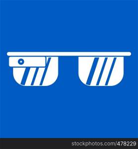 Smart glasses icon white isolated on blue background vector illustration. Smart glasses icon white