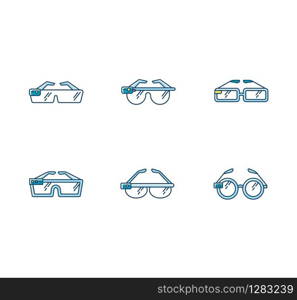 Smart glasses RGB color icons set. Smartglasses. Wearable computer optical gadgets. Augmented reality technology. Monitoring. Mobile devices. Digital tools. Isolated vector illustrations