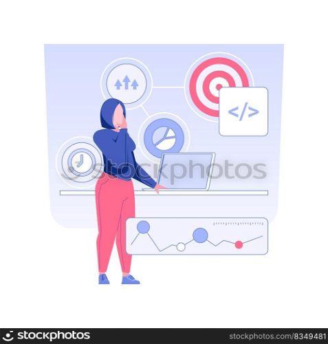 SMART goal setting isolated concept vector illustration. Businesswoman setting smart goals, IT company, strategy development, attainable rate, measurable opportunity vector concept.. SMART goal setting isolated concept vector illustration.