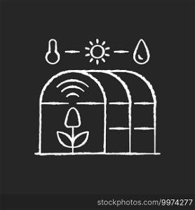 Smart greenhouse chalk white icon on black background. Agricultural management. Cultivation environment. Indoor farming. Isolated vector chalkboard illustration. Smart greenhouse chalk white icon on black background