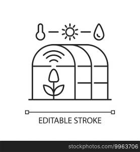 Smart greenhouse linear icon. Agricultural management. Cultivation environment. Indoor farming. Thin line customizable illustration. Contour symbol. Vector isolated outline drawing. Editable stroke. Smart greenhouse linear icon