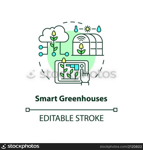 Smart greenhouses concept icon. IoT agriculture abstract idea thin line illustration. Growing process automation. Isolated outline drawing. Editable stroke. Roboto-Medium, Myriad Pro-Bold fonts used. Smart greenhouses concept icon