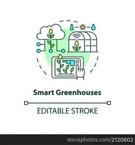 Smart greenhouses concept icon. IoT agriculture abstract idea thin line illustration. Growing process automation. Isolated outline drawing. Editable stroke. Roboto-Medium, Myriad Pro-Bold fonts used. Smart greenhouses concept icon