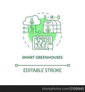 Smart greenhouses green concept icon. Monitoring plant health abstract idea thin line illustration. Isolated outline drawing. Editable stroke. Roboto-Medium, Myriad Pro-Bold fonts used. Smart greenhouses green concept icon