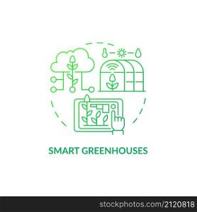 Smart greenhouses green gradient concept icon. Smart farming abstract idea thin line illustration. Microclimate regulation. Isolated outline drawing. Roboto-Medium, Myriad Pro-Bold fonts used. Smart greenhouses green gradient concept icon