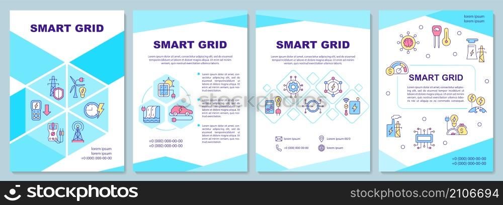 Smart grid blue brochure template. Power distribution. Booklet print design with linear icons. Vector layouts for presentation, annual reports, ads. Arial-Black, Myriad Pro-Regular fonts used. Smart grid blue brochure template