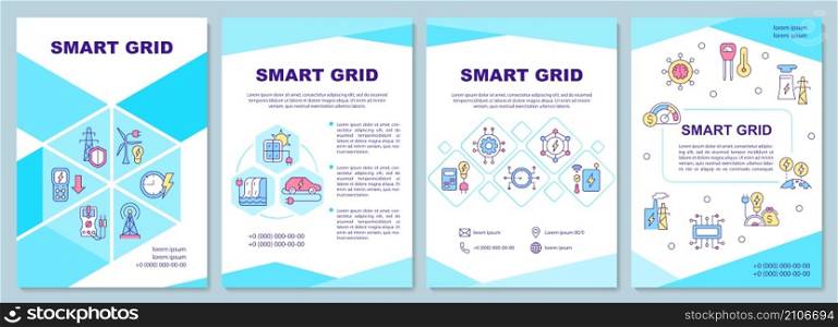 Smart grid blue brochure template. Power distribution. Booklet print design with linear icons. Vector layouts for presentation, annual reports, ads. Arial-Black, Myriad Pro-Regular fonts used. Smart grid blue brochure template