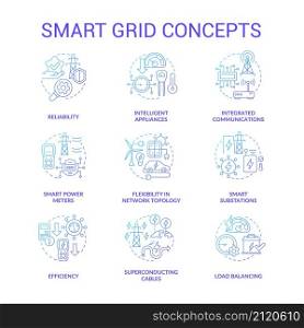 Smart grid blue gradient concept icons set. Contemporary engineering system. Electric power idea thin line color illustrations. Isolated outline drawings. Roboto-Medium, Myriad Pro-Bold fonts used. Smart grid blue gradient concept icons set