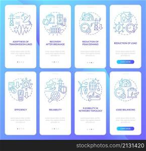 Smart grid blue gradient onboarding mobile app screen set. Electricity walkthrough 4 steps graphic instructions pages with linear concepts. UI, UX, GUI template. Myriad Pro-Bold, Regular fonts used. Smart grid blue gradient onboarding mobile app screen set