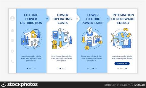 Smart grid characteristics blue and white onboarding template. Energy tech. Responsive mobile website with linear concept icons. Web page walkthrough 4 step screens. Lato-Bold, Regular fonts used. Smart grid characteristics blue and white onboarding template