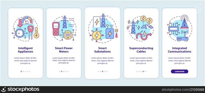 Smart grid components onboarding mobile app screen. Power system walkthrough 5 steps graphic instructions pages with linear concepts. UI, UX, GUI template. Myriad Pro-Bold, Regular fonts used. Smart grid components onboarding mobile app screen