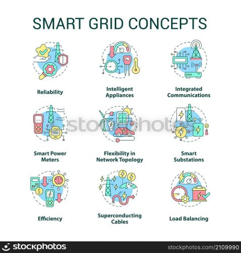 Smart grid concept icons set. Contemporary engineering. Intelligent power system idea thin line color illustrations. Isolated outline drawings. Roboto-Medium, Myriad Pro-Bold fonts used. Smart grid concept icons set