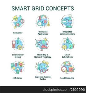 Smart grid concept icons set. Contemporary engineering. Intelligent power system idea thin line color illustrations. Isolated outline drawings. Roboto-Medium, Myriad Pro-Bold fonts used. Smart grid concept icons set