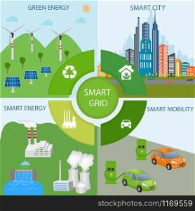 Smart Grid concept Industrial and smart grid devices in a connected network. Renewable Energy and Smart Grid TechnologySmart city design with future technology for living.