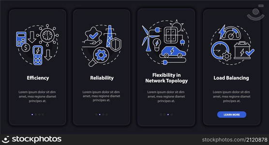 Smart grid features night mode onboarding mobile app screen. Integration walkthrough 4 steps graphic instructions pages with linear concepts. UI, UX, GUI template. Myriad Pro-Bold, Regular fonts used. Smart grid features night mode onboarding mobile app screen