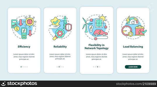 Smart grid features onboarding mobile app screen. System integration walkthrough 4 steps graphic instructions pages with linear concepts. UI, UX, GUI template. Myriad Pro-Bold, Regular fonts used. Smart grid features onboarding mobile app screen