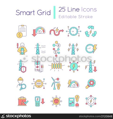 Smart grid RGB color icons set. Intelligent power network. Energy technology. Isolated vector illustrations. Simple filled line drawings collection. Editable stroke. Quicksand-Light font used. Smart grid RGB color icons set