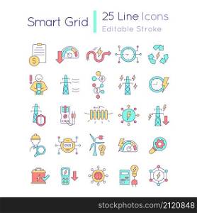 Smart grid RGB color icons set. Intelligent power network. Energy technology. Isolated vector illustrations. Simple filled line drawings collection. Editable stroke. Quicksand-Light font used. Smart grid RGB color icons set