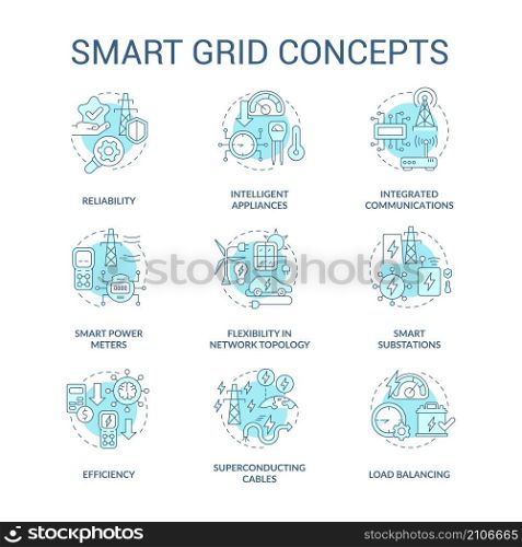 Smart grid turquoise concept icons set. Electric engineering. Intelligent power system idea thin line color illustrations. Isolated outline drawings. Roboto-Medium, Myriad Pro-Bold fonts used. Smart grid turquoise concept icons set