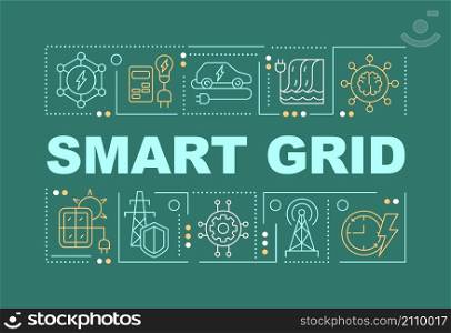 Smart grid word concepts green banner. Energy distribution. Infographics with linear icons on background. Isolated typography. Vector color illustration with text. Arial-Black font used. Smart grid word concepts green banner