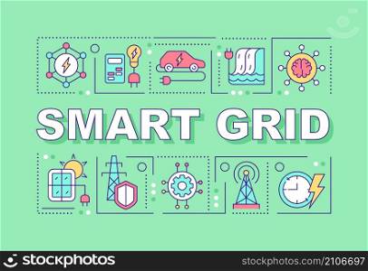 Smart grid word concepts green banner. Energy technology. Infographics with linear icons on background. Isolated typography. Vector color illustration with text. Arial-Black font used. Smart grid word concepts green banner