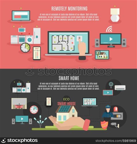Smart home 2 flat banners poster. Smart home iot internet of things remote control and monitoring 2 flat banner isolated abstract vector illustration