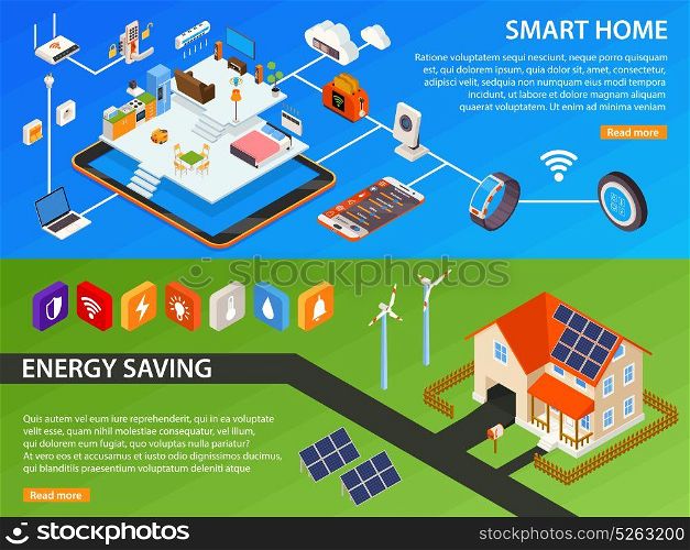 Smart Home 2 Isometric Banners Design. Smart home green energy generating devices and internet of things household 2 isometric banners webpage design vector illustration