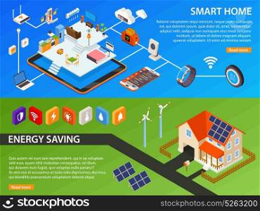 Smart Home 2 Isometric Banners Design. Smart home green energy generating devices and internet of things household 2 isometric banners webpage design vector illustration