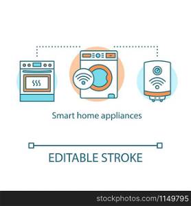 Smart home appliances concept icon. Household devices wireless control. Home equipment automation system idea thin line illustration. Vector isolated outline drawing. Editable stroke