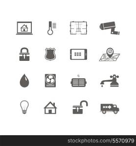 Smart home automation technology icons set of utilities surveillance camera and blueprint isolated vector illustration