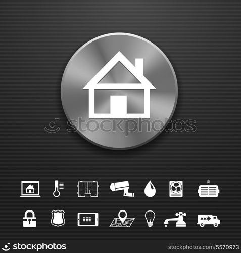 Smart home automation technology metal button template with utilities icons set vector illustration