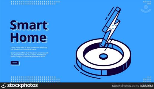 Smart home banner. Internet of things technology concept. Vector landing page of house control system with isometric icon of intelligent station with lightning on blue background. Landing page of smart home with lightning icon