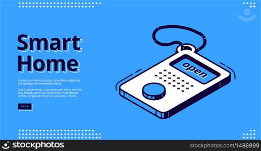 Smart home banner. Internet of things technology concept. Vector landing page of house control system with isometric icon of remote controller on blue background. Vector landing page of smart house system