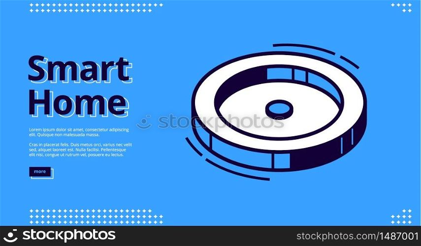 Smart home banner. Internet of things technology concept. Vector landing page of house control system with isometric icon of round intelligent station on blue background. Vector landing page of smart home system