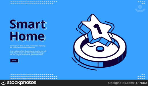 Smart home banner. Internet of things technology concept. Vector landing page of house control system with isometric icon of rank star, first place award on blue background. Landing page of smart home technology