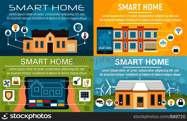 Smart home banner set. Flat illustration of smart home vector banner set for web design. Smart home banner set, flat style
