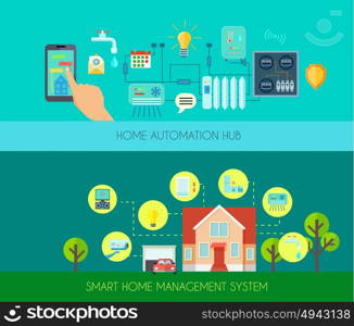 Smart Home Banners Set . Smart home horizontal banners set with home automation hub symbols flat isolated vector illustration