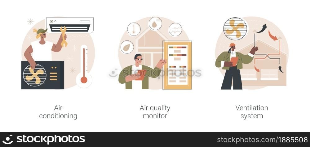 Smart home components abstract concept vector illustration set. Air conditioning, air quality monitor, ventilation system, airing and cooling system, energy saving solution abstract metaphor.. Smart home components abstract concept vector illustrations.
