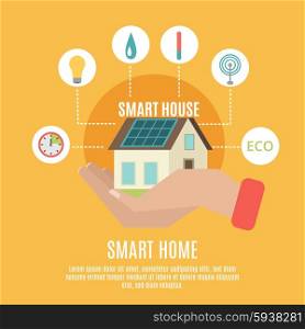 Smart home concept flat icon poster. Smart home household remote control concept poster with house on human hand symbol flat abstract vector illustration