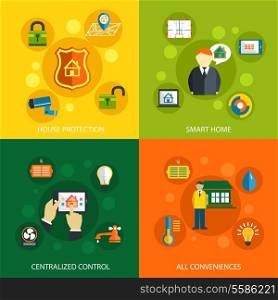 Smart home concept flat icons set of house security protection mobile energy automation control system and climate temperature monitoring for infographics design web elements vector illustration
