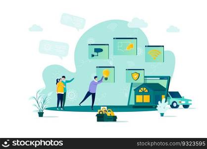 Smart home concept in flat style. People build smart home scene. Online home control, monitoring and management, house system automatization. Vector illustration with people characters in situation.. Smart home concept in flat style.