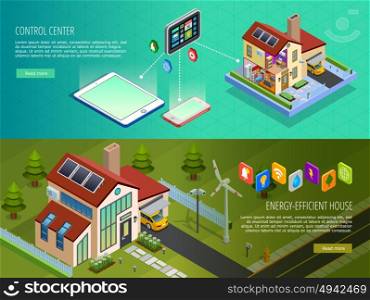 Smart Home Control 2 Isometric Banners . Internet of things smart home infrastructure 2 horizontal isometric banners with computer controlled energy supply isolated vector illustration