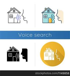 Smart home control icons set. Voice management idea. Distant command. Speech, soundwave. Innovative technology, automation system. Linear, black and color styles. Isolated vector illustrations