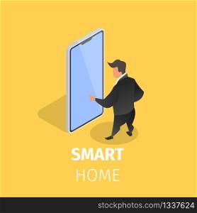 Smart Home Controlled with Smartphone. Internet of Things Technology Automation System. Man Standing at Mobile Phone Screen Using Application.3D Isometric Cartoon Vector Illustration, Square Banner.. Smart Home Controlled with Smartphone. Internet
