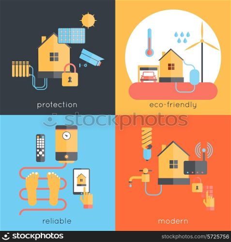 Smart home design concept set with protection eco-friendly reliable modern flat icons isolated vector illustration