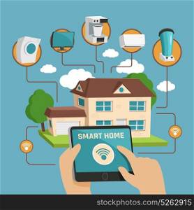 Smart Home Design Concept. Smart home design concept with private house building and household electronic appliances managed by internet flat vector illustration