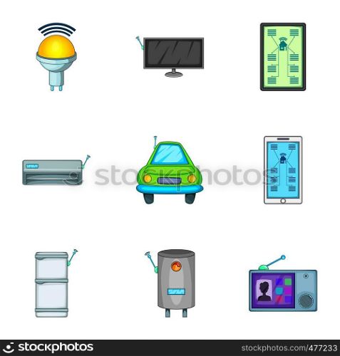 Smart home devices icons set. Cartoon set of 9 smart home devices vector icons for web isolated on white background. Smart home devices icons set, cartoon style