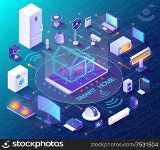 Smart home, electric appliances controlled through WiFi. Refrigerator and fan, laptop and microwave oven, heater and TV, washer vector illustration. Smart Home, Appliances Controlled through WiFi